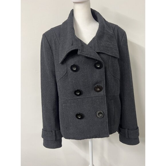 Vtg Y2K Jacket Women's Large Wool Blend Double Breasted Peacoat Charcoal Gray - Picture 5 of 6